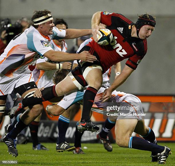 Thomas Waldrom of the Crusaders is tackled during the round 10 Super 14 match between the Crusaders and the Cheetahs at AMI Stadium on April 17, 2010...