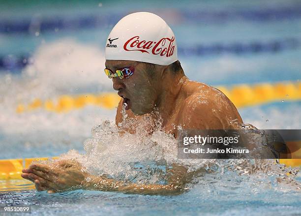 Kosuke Kitajima competes in the Men's 100m Breathstroke during the day five of the Japan Swim 2010 at Tokyo Tatsumi International Swimming Pool on...