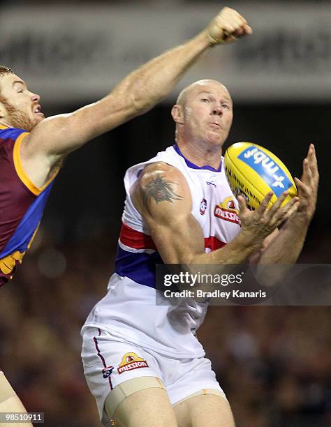 Barry Hall of the Bulldogs takes a mark during the round four AFL match between the Brisbane Lions and the Western Bulldogs at The Gabba on April 17,...