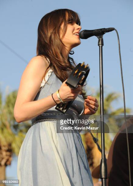 Zooey Deschanel of She & Him performs during Day 1 of the Coachella Valley Music & Arts Festival 2010 held at the Empire Polo Club on April 16, 2010...
