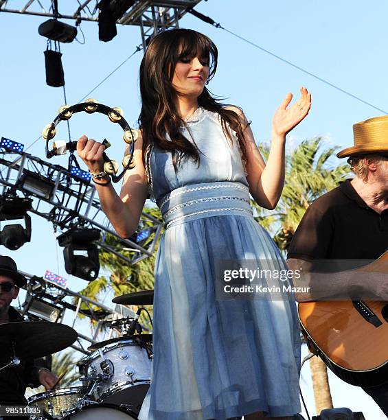 Zooey Deschanel of She & Him performs during Day 1 of the Coachella Valley Music & Arts Festival 2010 held at the Empire Polo Club on April 16, 2010...