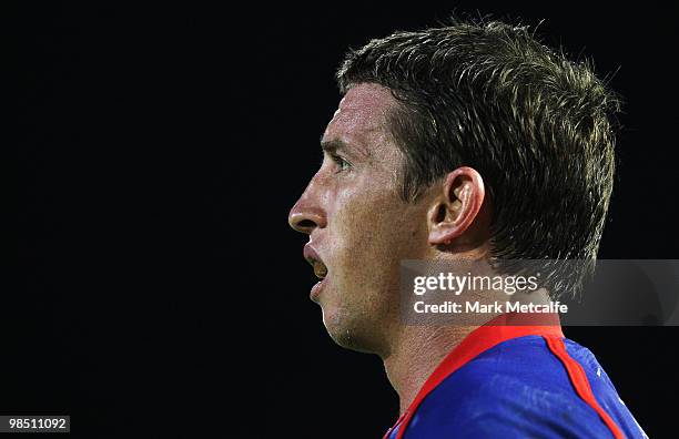 Kurt Gidley of the Knights watches his kick at goal during the round six NRL match between the Newcastle Knights and the North Queensland Cowboys at...