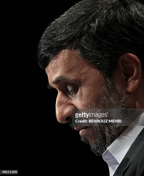 Iranian President Mahmoud Ahmadinejad addresses the opening session of a two-day nuclear disarmament conference hosted by Tehran on April 17, 2010....