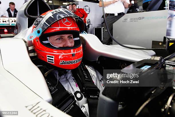 Michael Schumacher of Germany and Mercedes GP prepares to drive during qualifying for the Chinese Formula One Grand Prix at the Shanghai...