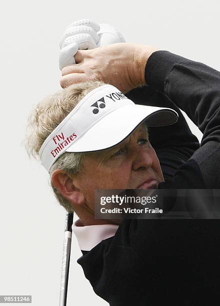 Colin Montgomerie of Scotland tees off on the 2nd hole during the Round Three of the Volvo China Open on April 17, 2010 in Suzhou, China.