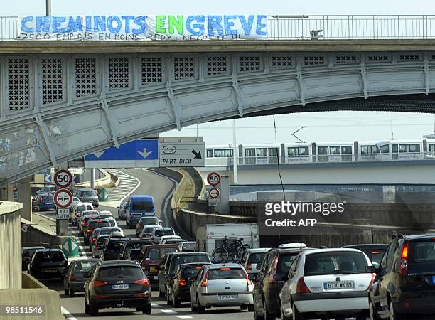 Cars queue in a traffic jam in Lyon, central France, near the Lyon's railway station, on April 17, 2010. With the comings and goings of...