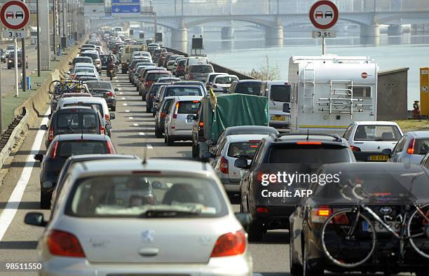 Cars queue in a traffic jam in Lyon, central France, near the Lyon's railway station, on April 17, 2010. With the comings and goings of...