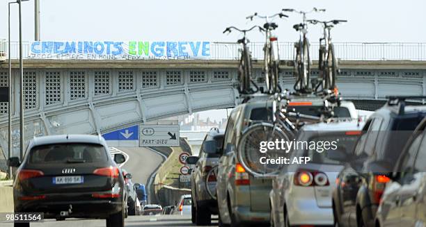 Cars queue in a traffic jam in Lyon, central France, near the Lyon's railway station, on April 17, 2010. With the comings and goings of...