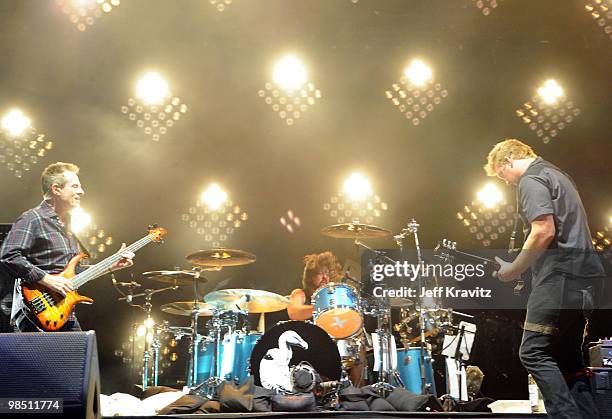 Musicians John Paul Jones, Dave Grohl and Josh Homme the band Them Crooked Vultures performs during day 1 of the Coachella Valley Music & Arts...
