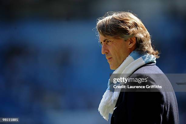 Manchester City Manager Roberto Mancini looks on prior to the Barclays Premier League match between Manchester City and Manchester United at the City...