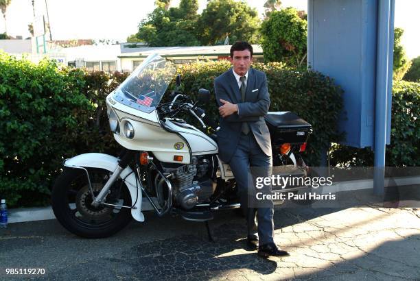 Steve Coogan an English comedian sitting outside a seedy motel , he plays a leading role in the film The Alibi photographed July 14, 2004 in Studio...