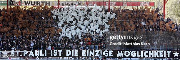 Supporters of St. Pauli are pictured during the Second Bundesliga match between 1.FC Union Berlin and FC St. Pauli at the Stadion an der Alten...