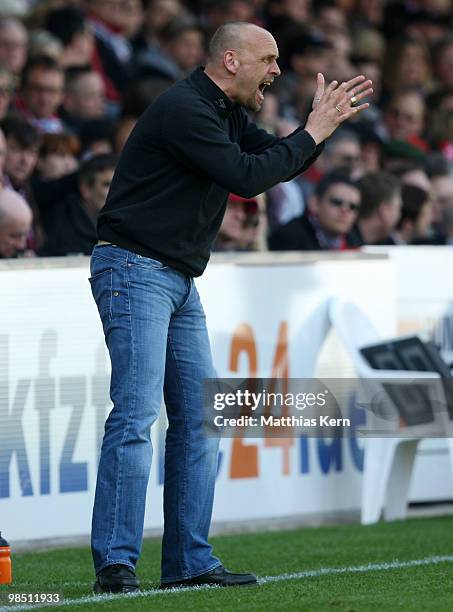 Head coach Holger Stanislawski of St. Pauli reacts during the Second Bundesliga match between 1.FC Union Berlin and FC St. Pauli at the Stadion an...