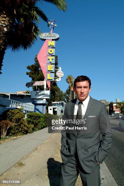 Steve Coogan an English comedian standing outside a seedy motel , he plays a leading role in the film The Alibi photographed July 14, 2004 in Studio...