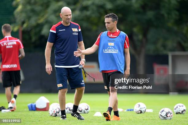 Assistant coach Markus Hoffmann and Manuel Schmiedebach of 1 FC Union Berlin during the first training of season 2018/2019 at Trainingsgelaende of...