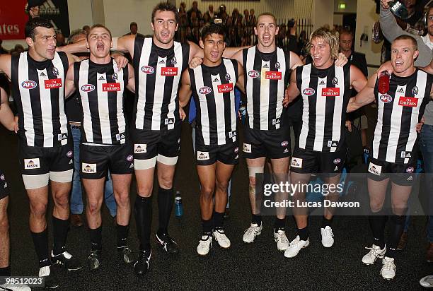 Magpie players sing the song in the rooms after winning the round four AFL match between the Collingwood Magpies and the Hawthorn Hawks at Melbourne...