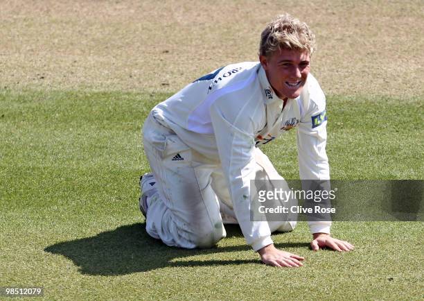 Rory Hamilton-Brown of Surrey looks on as the ball runs to the boundary during the LV County Championship Division Two match between Sussex and...