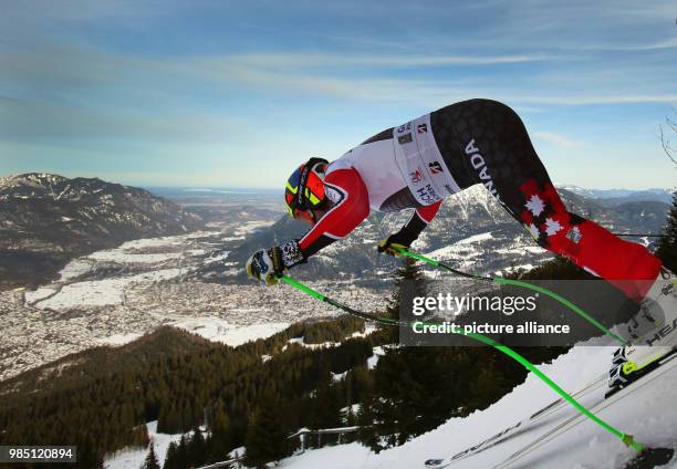 Manuel Paradies-Osborne from Canada takes off on his first training descent during the men's training in Garmisch-Partenkirchen, Germany, 25 January...