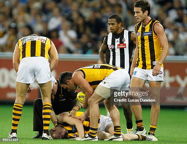 Xavier Ellis of the Hawks gets knock out during the round four AFL match between the Collingwood Magpies and the Hawthorn Hawks at Melbourne Cricket...