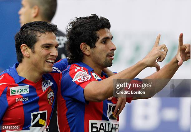 Guilherme and Mark Gonzales of PFC CSKA Moscow celebrate after scoring a goal during the Russian Football League Championship match between PFC CSKA...