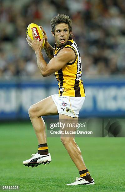 Chance Bateman of the Hawks marks the ball during the round four AFL match between the Collingwood Magpies and the Hawthorn Hawks at Melbourne...