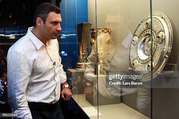 Vitali Klitschko is seen at the Schalke museum at the Veltins Arena on April 17, 2010 in Gelsenkirchen, Germany. The WBC Heavyweight World...