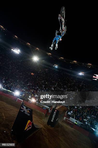 In this handout image from Global-Newsroom, Levi Sherwood of New Zealand performs during the finals of the the first stage of the Red Bull X-Fighters...