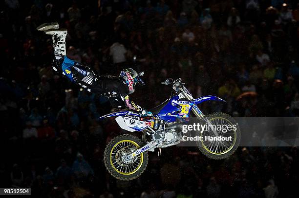 In this handout image from Global-Newsroom, Robbie Maddison of Australia performs during the finals of the the first stage of the Red Bull X-Fighters...