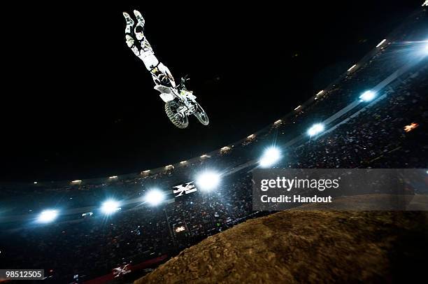 In this handout image from Global-Newsroom, Jim Mcneil of USA performs during the finals of the the first stage of the Red Bull X-Fighters World...