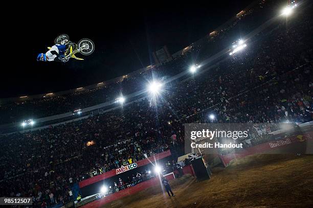 In this handout image from Global-Newsroom, Charles Pages of France performs during the finals of the the first stage of the Red Bull X-Fighters...