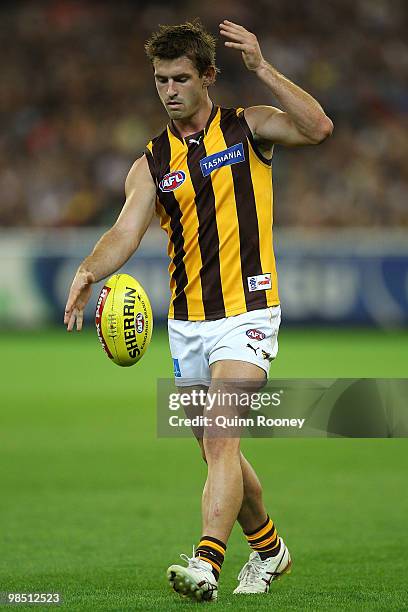 Brendan Whitecross of the Hawks kicks during the round four AFL match between the Collingwood Magpies and the Hawthorn Hawks at Melbourne Cricket...