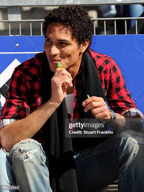 Paolo Guerrero of Hamburg watches the Bundesliga match between Hamburger SV and FSV Mainz 05 at HSH Nordbank Arena on April 17 in Hamburg, Germany.