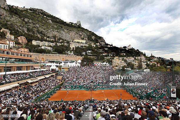 General view of Rafael Nadal of Spain playing a forehand in his match against David Ferrer of Spain during day six of the ATP Masters Series at the...