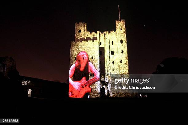 Rochester Castle is illuminated by a 3D animation lightshow on April 16, 2010 in Rochester, England. Images of rock band AC/DC and images from Iron...