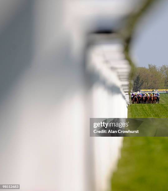 Runners keep tight to the rail in The Berry Bros & Rudd Magnum Spring Cup at Newbury racecourse on April 17, 2010 in Newbury, England