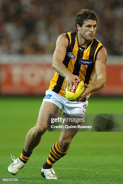 Campbell Brown of the Hawks kicks during the round four AFL match between the Collingwood Magpies and the Hawthorn Hawks at Melbourne Cricket Ground...