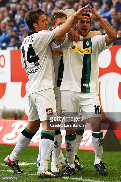 Raul Bobadilla of Moenchengladbach celebrates scoring the second goal during the Bundesliga match between FC Schalke 04 and Borussia Moenchengladbach...