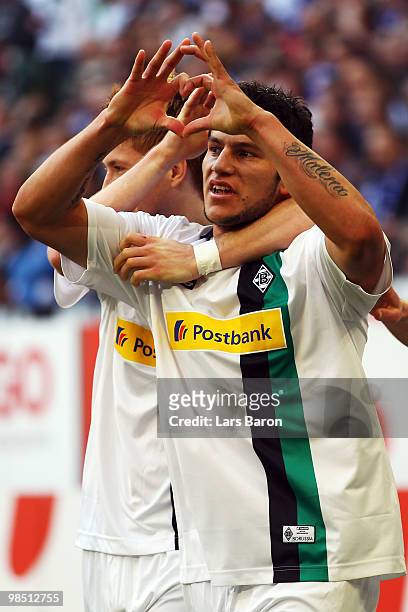 Raul Bobadilla of Moenchengladbach celebrates scoring the second goal during the Bundesliga match between FC Schalke 04 and Borussia Moenchengladbach...