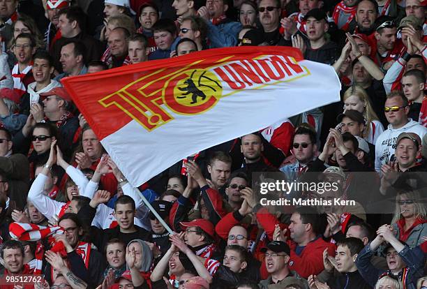 Supporters of Berlin are pictured during the Second Bundesliga match between 1.FC Union Berlin and FC St. Pauli at the Stadion an der Alten...