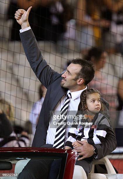 Anthony Rocca of the Magpies waves to the crowd during the round four AFL match between the Collingwood Magpies and the Hawthorn Hawks at Melbourne...