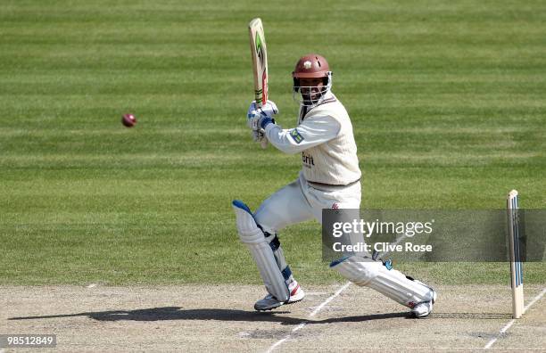 Arun Harinath of Surrery in action during the LV County Championship Division Two match between Sussex and Surrey at the County Ground on April 17,...