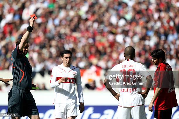 Tranquillo Barnetta of Leverkusen is sent off by referee Manuel Graefe during the Bundesliga match between VfB Stuttgart and Bayer Leverkusen at the...