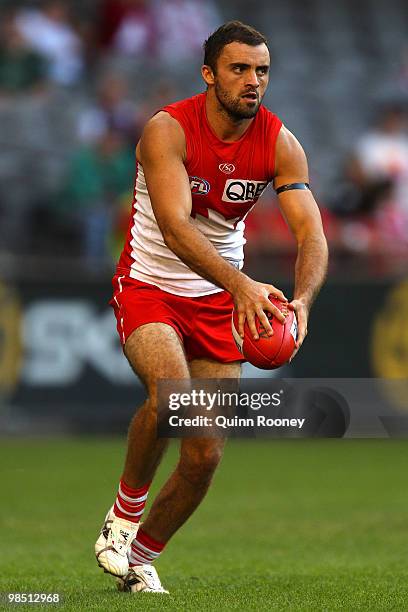 Rhyce Shaw of the Swans kicks during the round four AFL match between the North Melbourne Kangaroos and the Sydney Swans at Etihad Stadium on April...