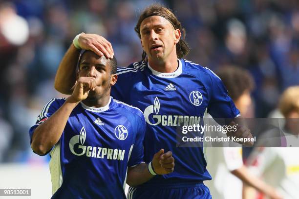 Jefferson Farfan of Schalke celebrates the second goal with Marcelo Bordon of Schalke during the Bundesliga match between FC Schalke 04 and Borussia...