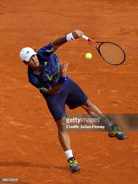 Fernando Verdasco of Spain serves to Novak Djokovic of Serbia during day six of the ATP Masters Series at the Monte Carlo Country Club on April 17,...