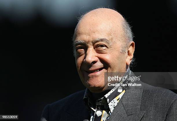 Fulham chairman Mohamed Al Fayed ahead of the Barclays Premier League match between Fulham and Wolverhampton Wanderers at Craven Cottage on April 17,...