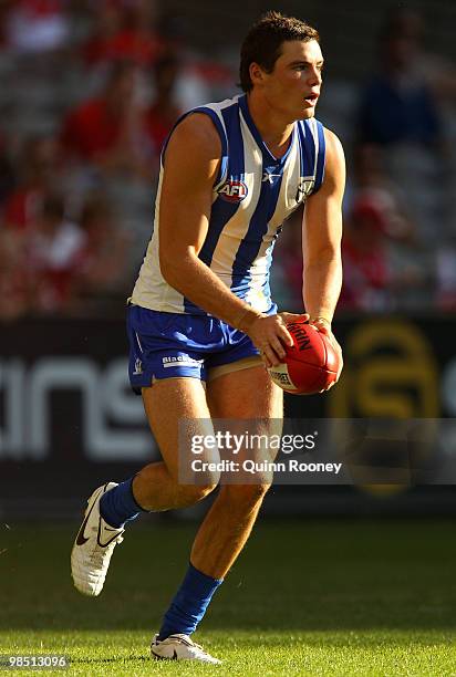 Nathan Grima of the Kangaroos looks to kick during the round four AFL match between the North Melbourne Kangaroos and the Sydney Swans at Etihad...