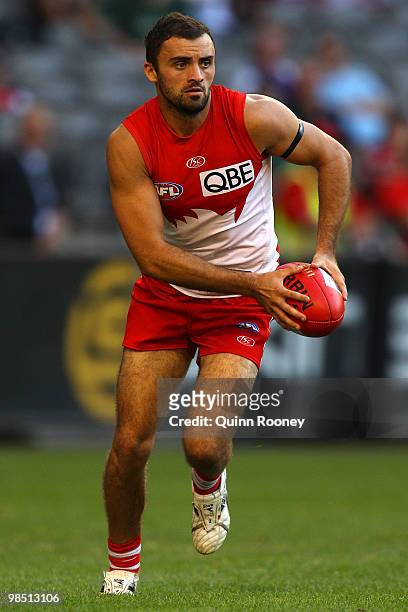 Rhyce Shaw of the Swans kicks during the round four AFL match between the North Melbourne Kangaroos and the Sydney Swans at Etihad Stadium on April...