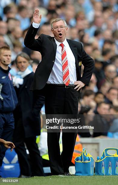 Manchester United Manager Sir Alex Ferguson reacts during the Barclays Premier League match between Manchester City and Manchester United at the City...