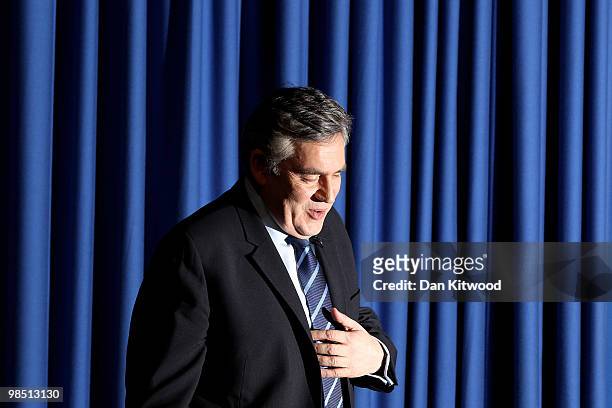 British Prime Minister Gordon Brown speaks to members of the public and party delegates at The Open University on April 17, 2010 in Milton Keynes,...